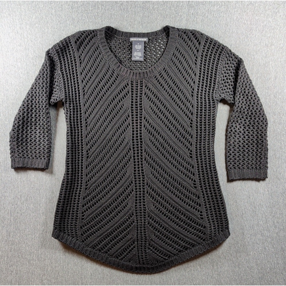 Black Crochet Top Chelsea & Theodore 3/4 Length Sleeve Sz M Chic Knit Goth EUC